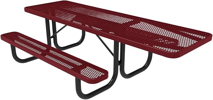 Coated Outdoor Furniture Heavy-Duty Portable ADA-Compliant Outdoor Picnic Table, Expanded Metal Patio Dining Furniture Made in America (8ft Rectangular, One-Side Handicap, Burgundy)