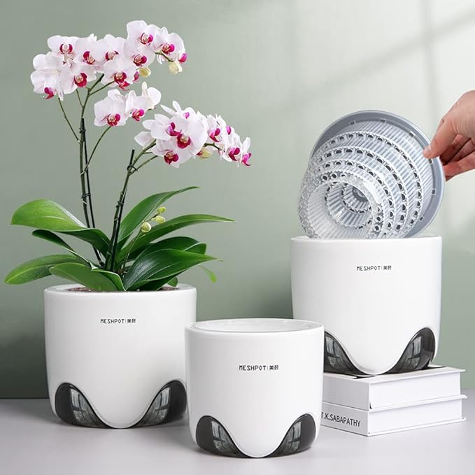 5 inch Orchid Pots with Holes for Repotting with Excellent Airflow, Set of 3, Double Layer Plastic Imitate Ceramic Orchid Planter, Clear Orchid Pot Match Decorative Orchid Container