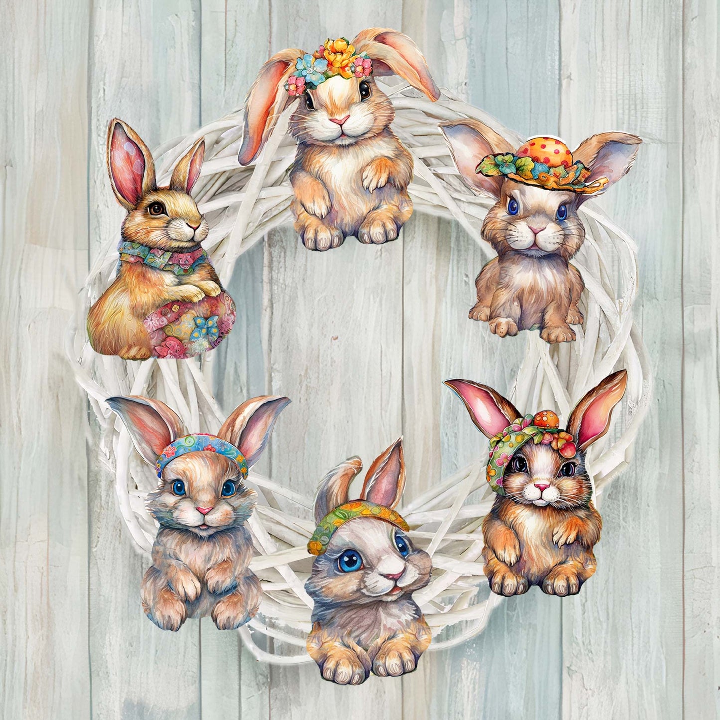 Easter Bunnies Clip-On Eco Wood Decorative Ornaments Set of 6 by G. Debrekht - Easter Decor - 8090042C-S6