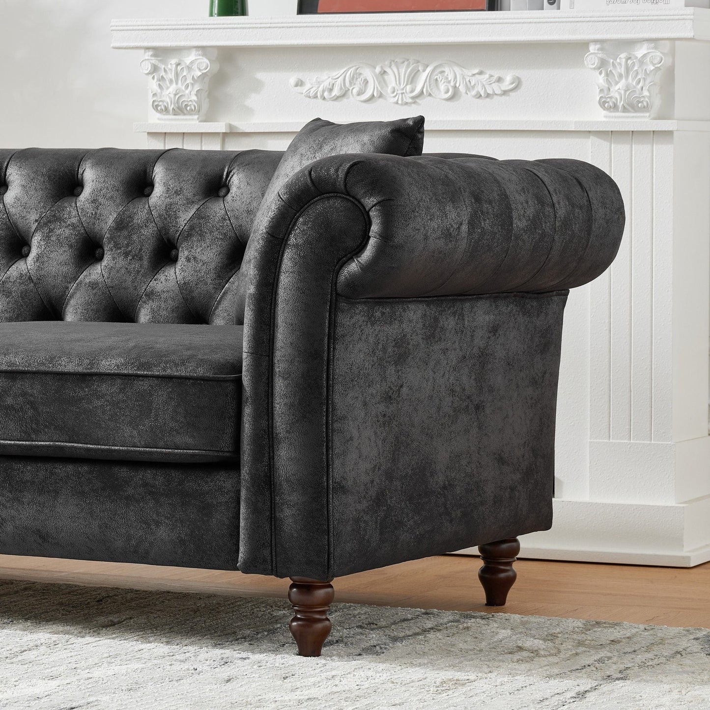 Chesterfield Sofa, High Tech Fabric Roll Armrest, 3 Seater Mid Century Modern Couch - Black
