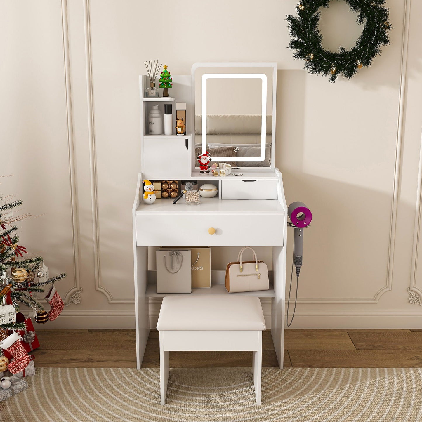 3 Color LED Vanity Mirror With Stool, Dressing Table For Bedroom, 2 Drawers & 5 Storage Cabinets (4 Open + 1 Hidden), Adjustable Lighting - White