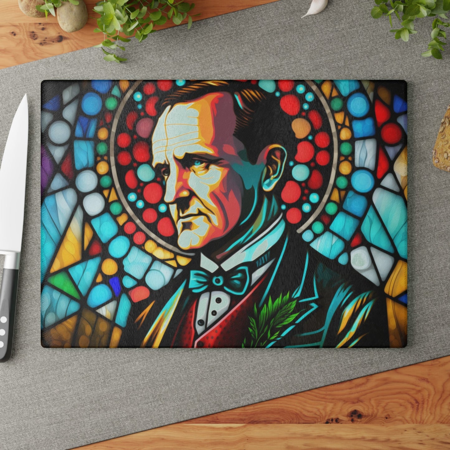 Calvin Coolidge Stained Glass Cutting Board - Premium Patriotic Kitchen Decor