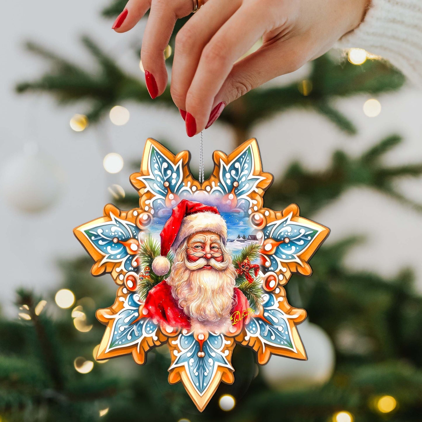 Santa Snowflake Wooden Ornaments by G. Debrekht - Christmas Santa Snowman Decor - 8688422