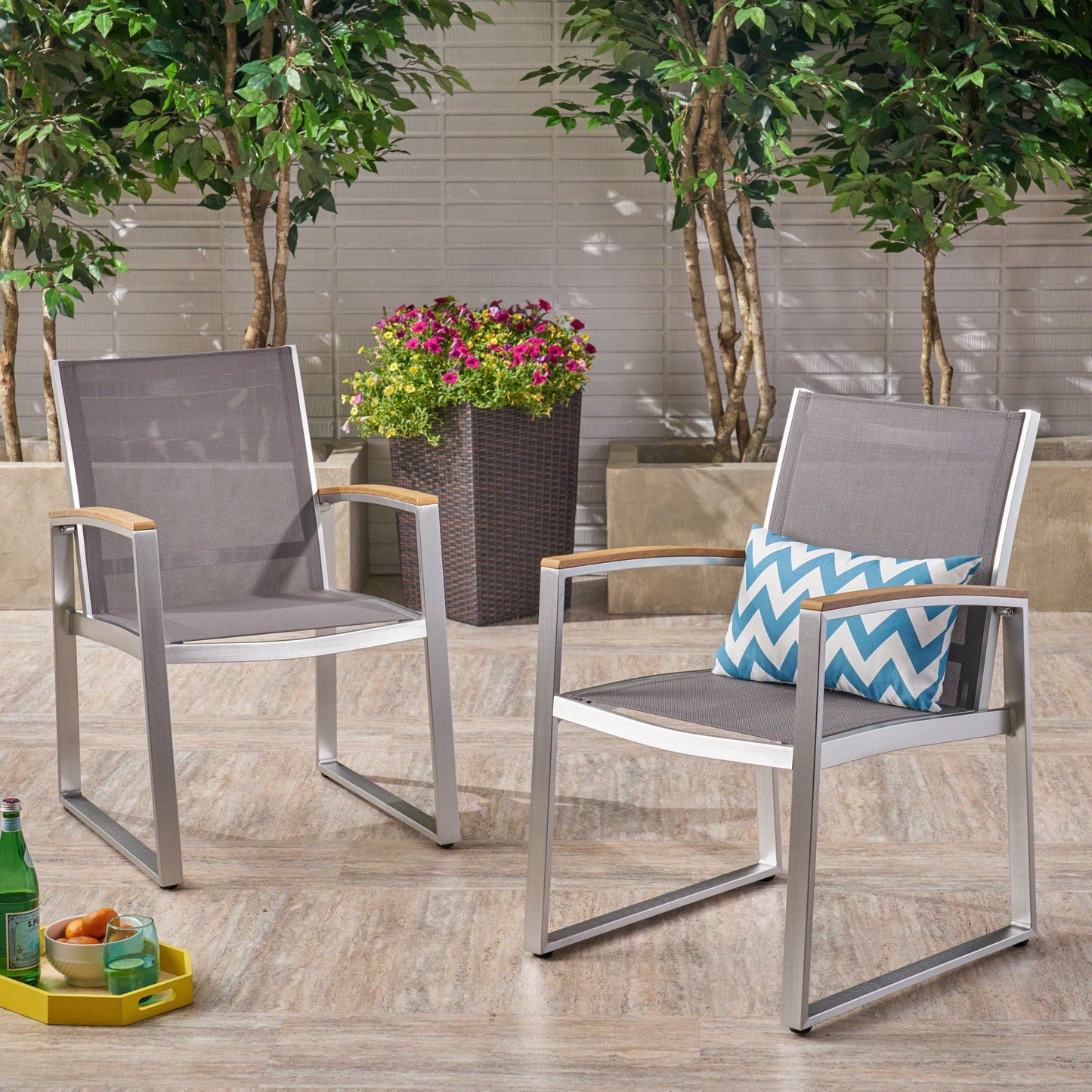 Poetic Outdoor Dining Chair with Faux Wood Arms and Aluminum Frame (Set of 2)