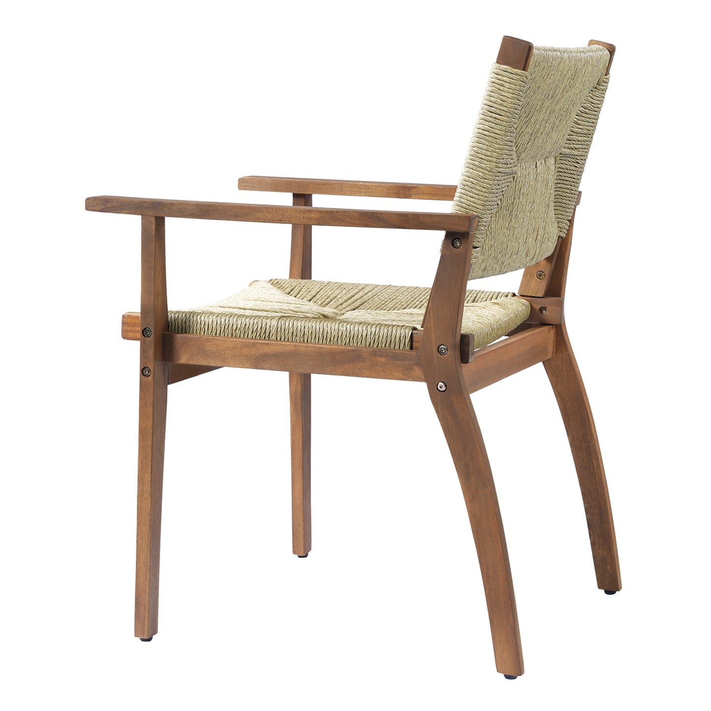 5-Piece Outdoor Dining Set: Teak Finish Round Acacia Wood Table & 4 Wicker Armchairs