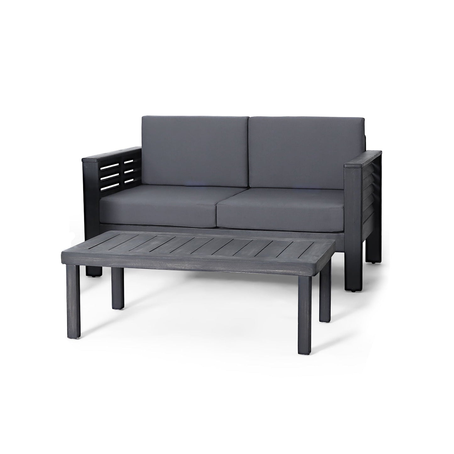 Acacia Wood Loveseat And Coffee Table Set With Cushions