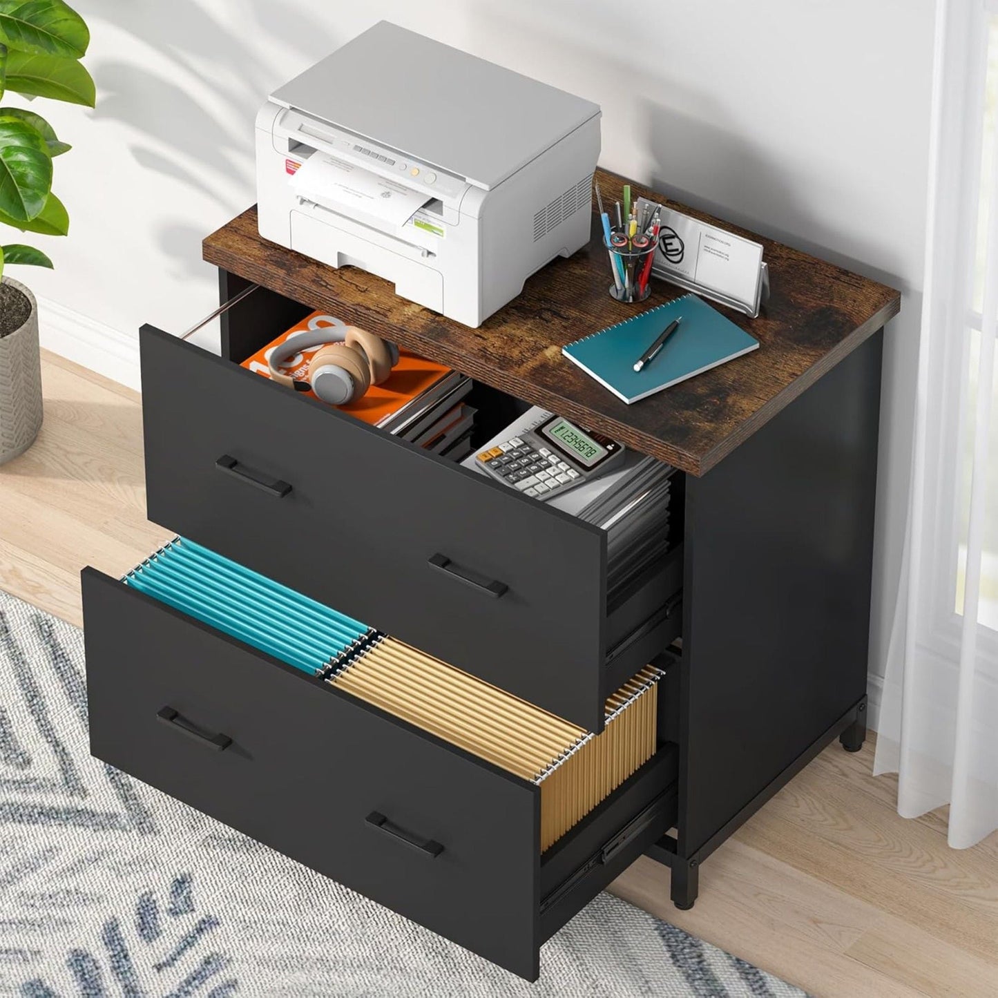 2 Drawer Lateral File Cabinet, A4 / Letter Size, Heavy Duty Storage For Home Office - Brown / Black