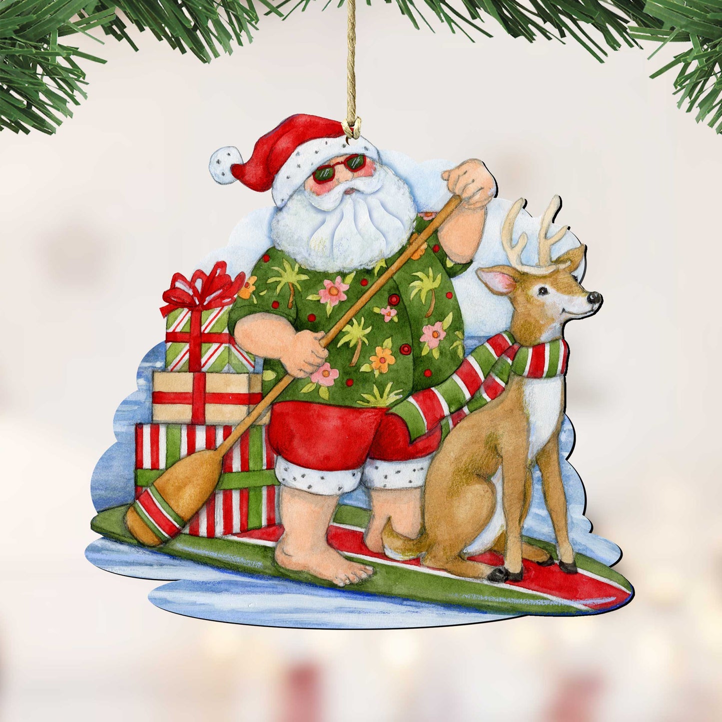 Christmas Decoration Paddleboarding Santa - Handmade Wooden Tree Ornament by Susan Winget - 8471114-SW
