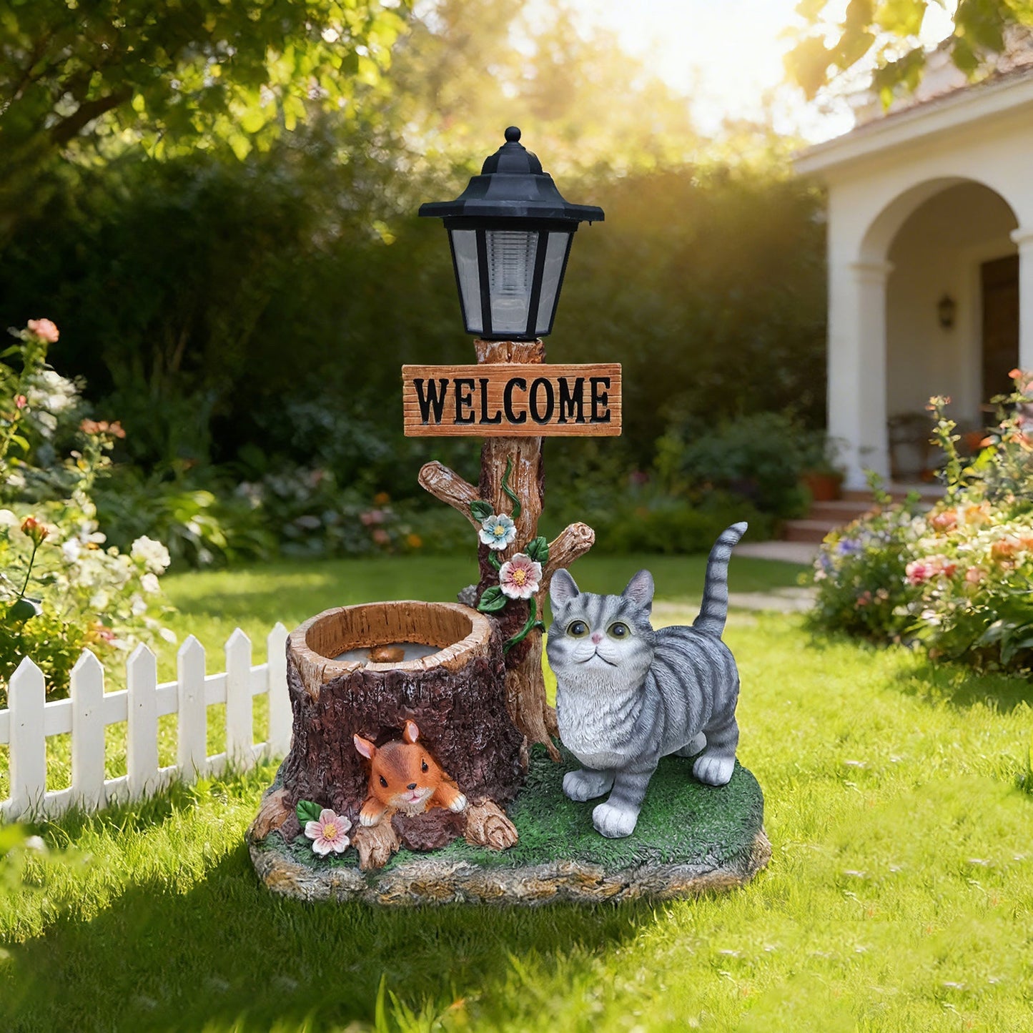 Cat Solar Planter Statue for Outdoor Decor