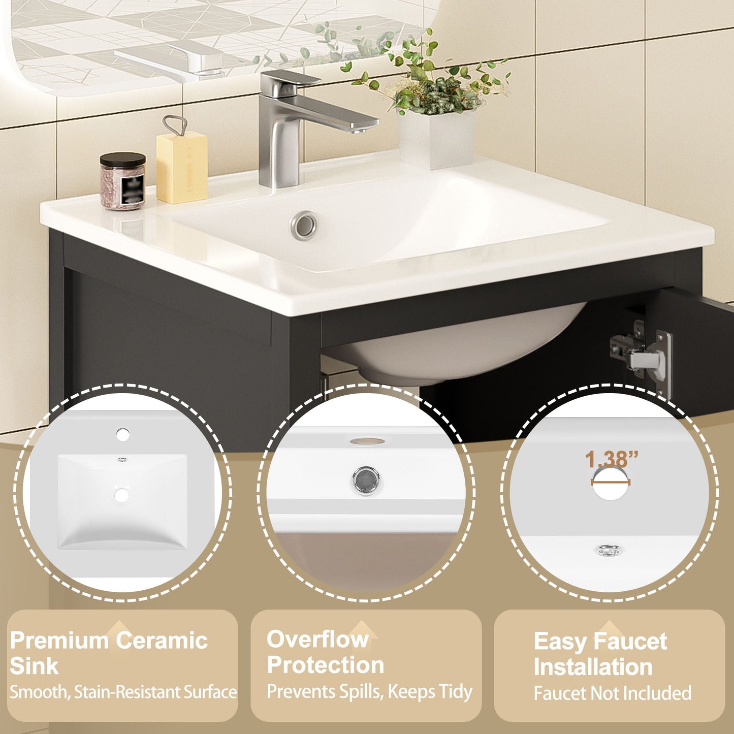 Bathroom Vanity With Ceramic Sink, Soft Close Drawers, Door Organizer, Divider Drawer, Adjustable Foot Pads