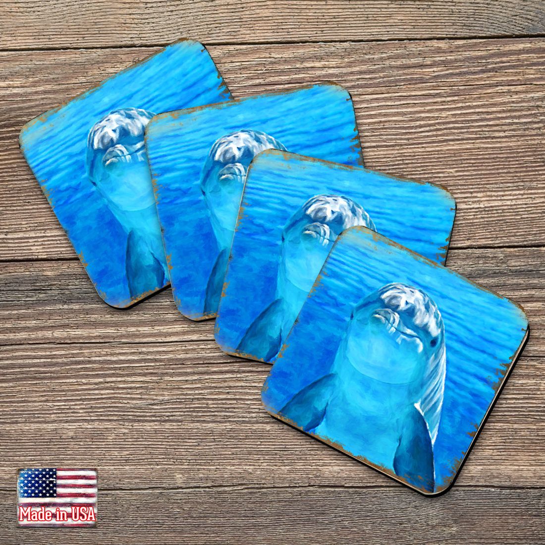 Dolphin Coastal Wooden Cork Coasters Gift Set of 4 by Nature Wonders - Coastal Sea-Life Decor - 95261C-S4
