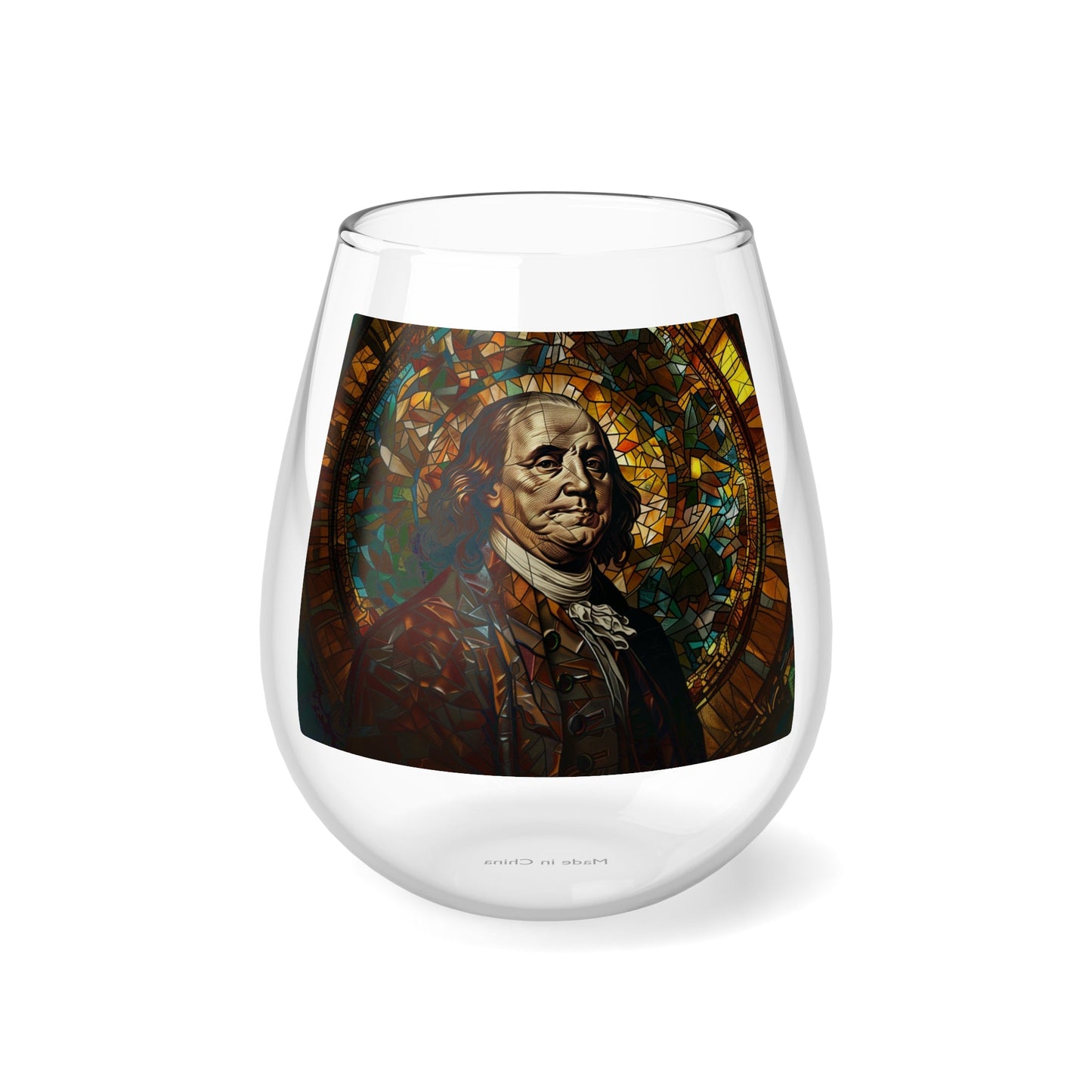 Stained Glass Benjamin Franklin Stemless Wine Glass, 11.75oz - 4LibertyShop.com