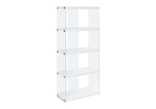 5-Tier White Bookcase with Clear Tempered Glass