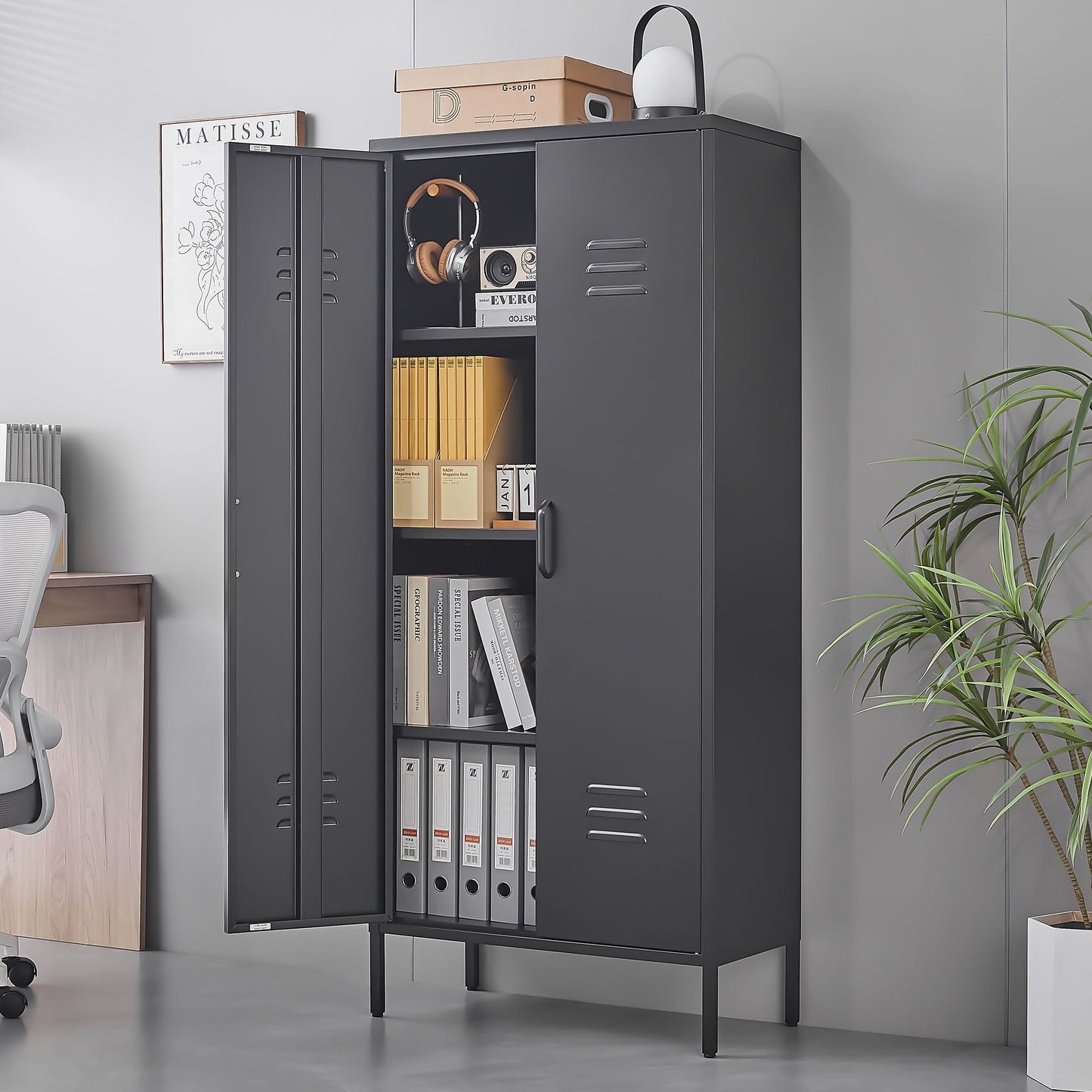 Modern Storage Cabinet with Adjustable Shelves and Magnetic Door Stopper