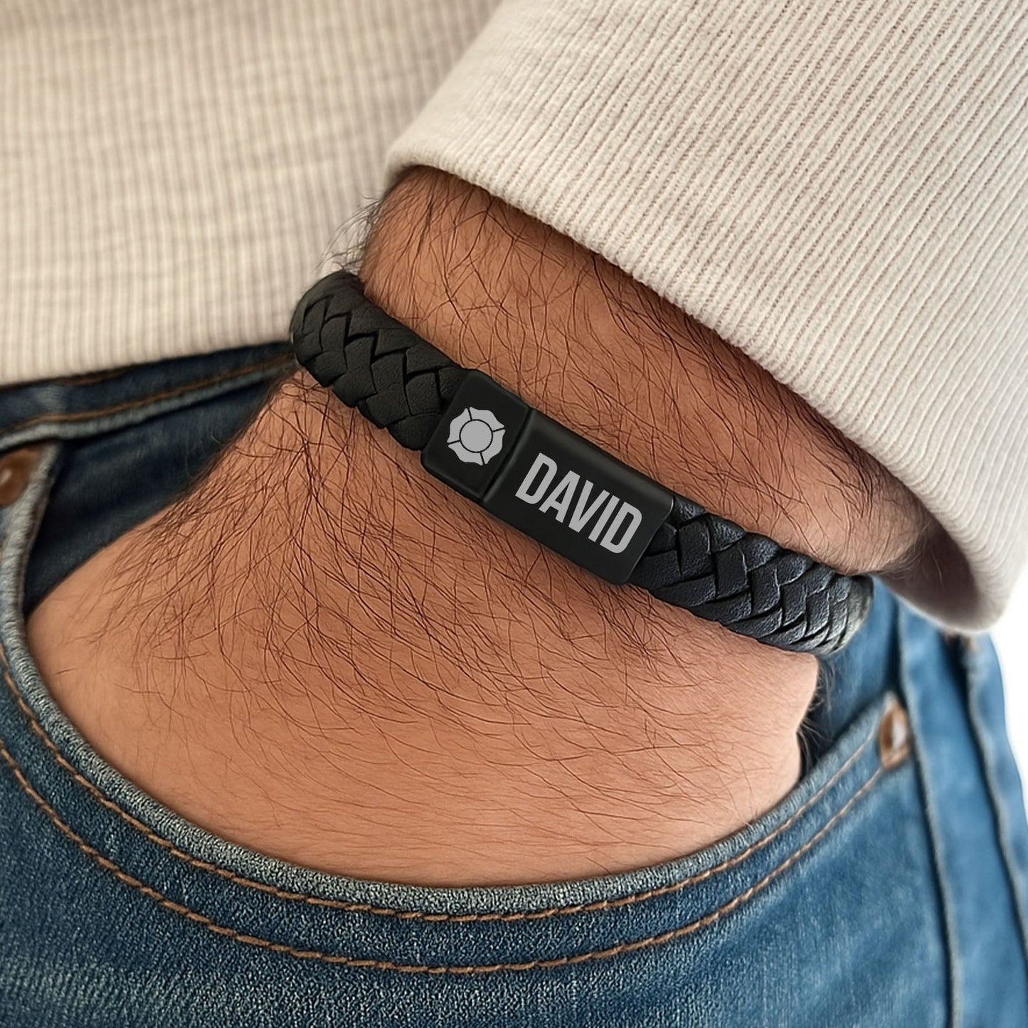 Custom Name Engraved Leather Fire Fighter Bracelet | Gift for Dad, Mom | Mother's Day Gift, Father's Day Gift | Personalized Unisex Bracelet 682226