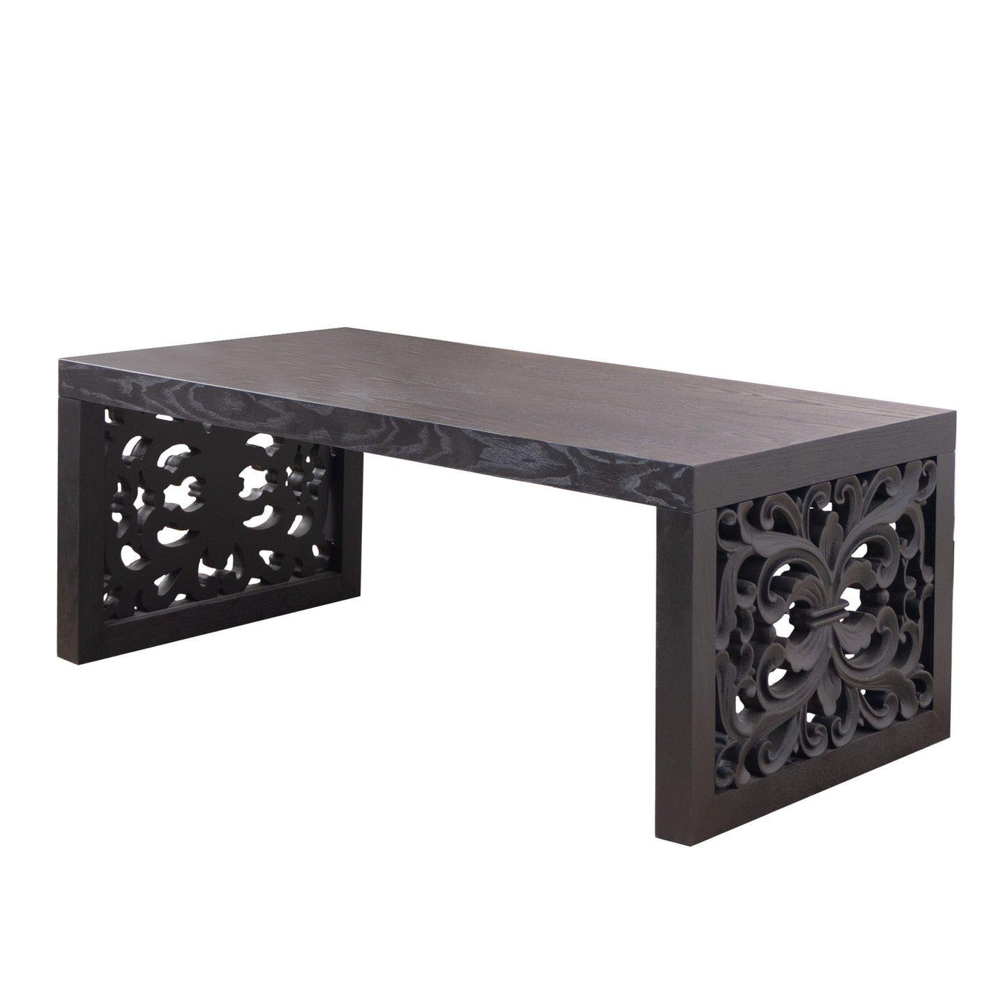 47.2" Solid Black Carved Wood Coffee Table – Handcrafted Look with Ornate Side Panels