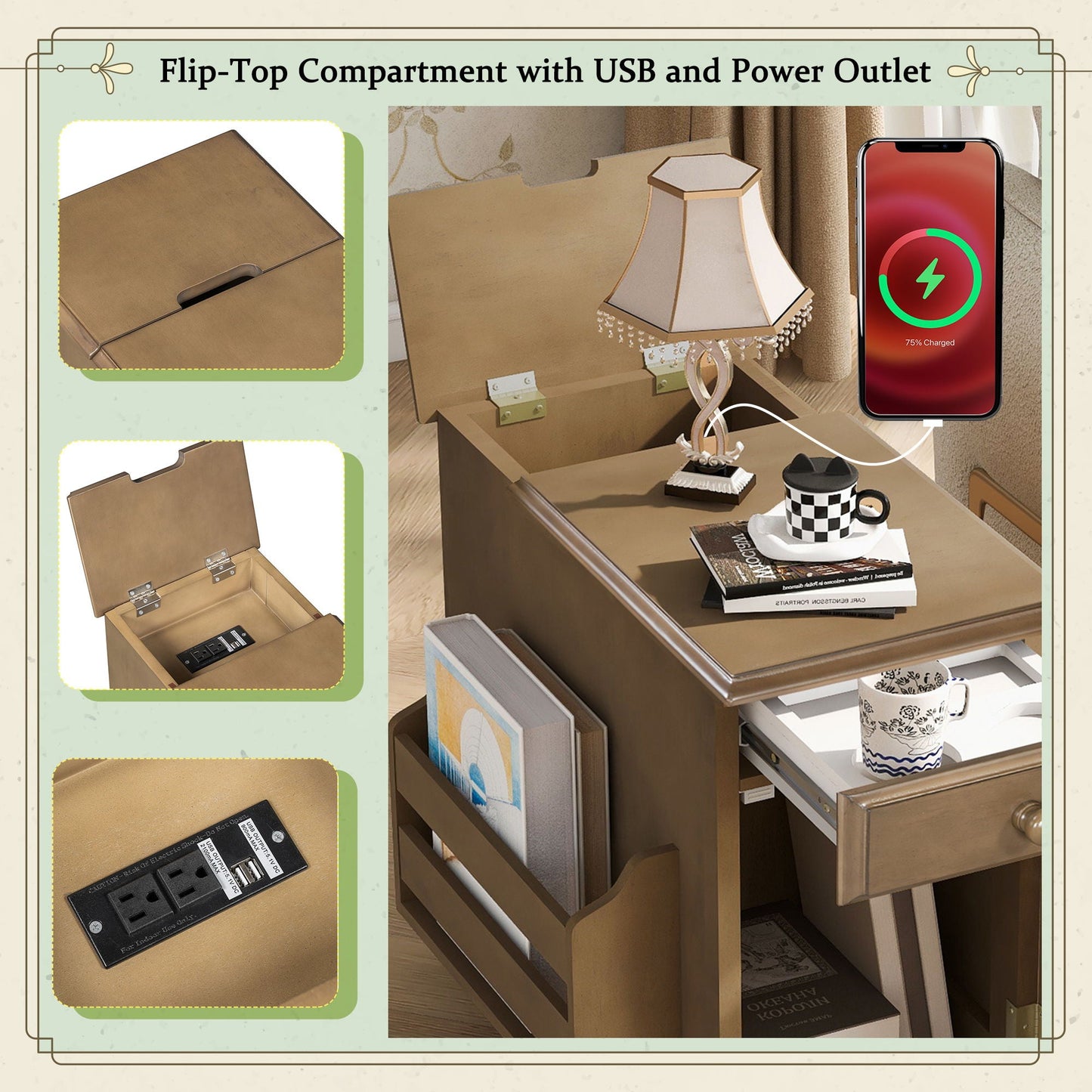 Vintage Flip Top Side Table With USB Ports
