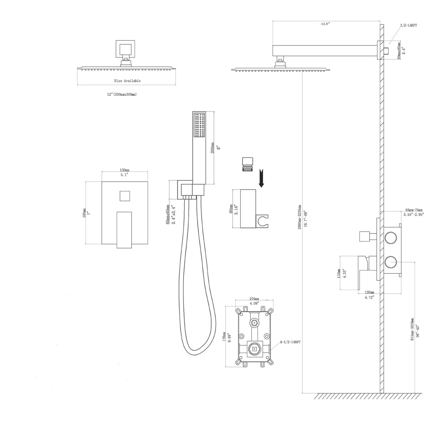 Dual Shower Head System With 12" Wall Mounted Square Rain Shower And Rough In Valve