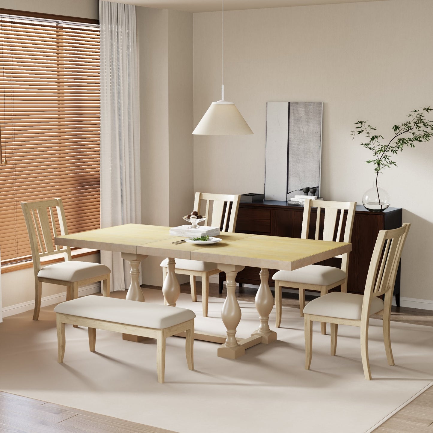 Traditional 6-Piece 78inch Trestle Extendable Dining Table Set with One 18inch Removable Leaf Padded Dining Chairs Bench,Natural