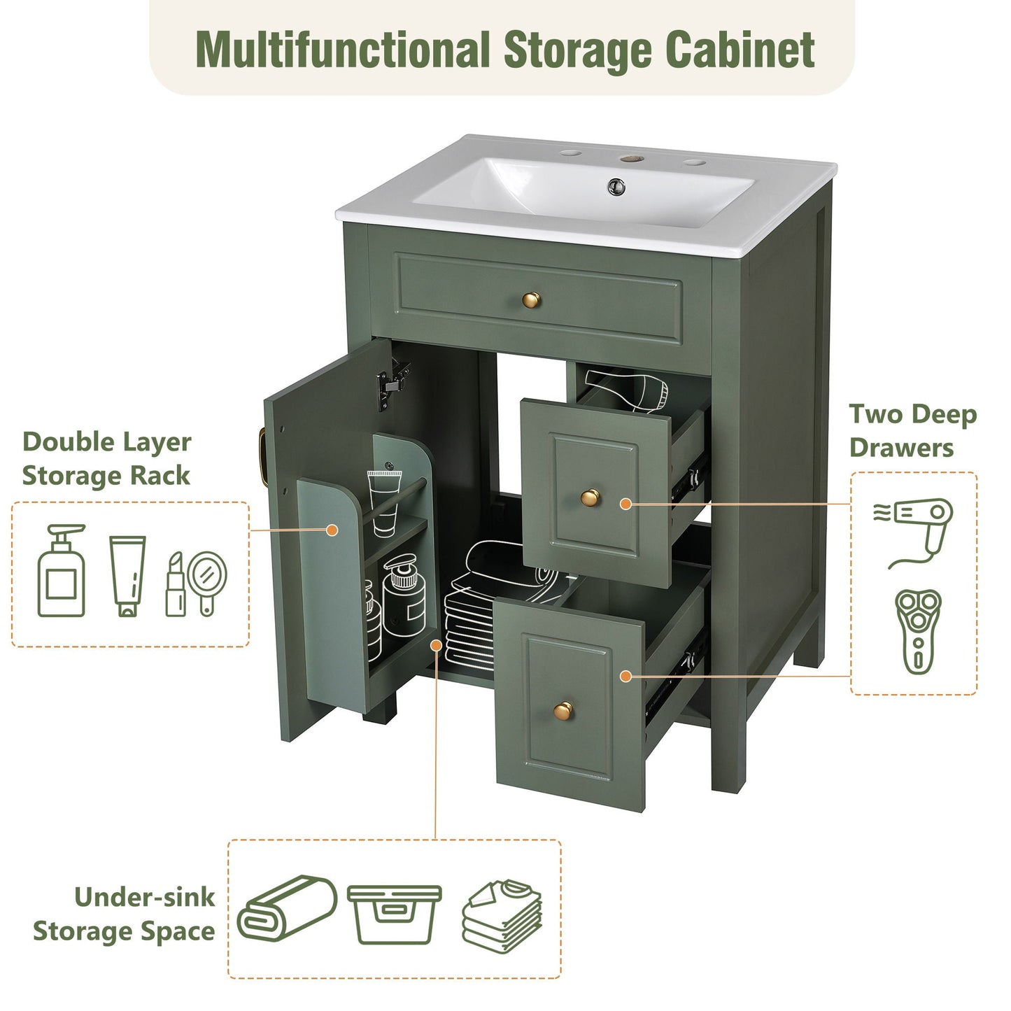 Elegant Bathroom Vanity With Ceramic Sink, Soft Close Doors And Drawers, Double Storage Racks