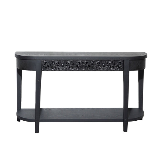 59.2in Black Carved Wooden Console Table with Lower Storage Shelf and Drawers