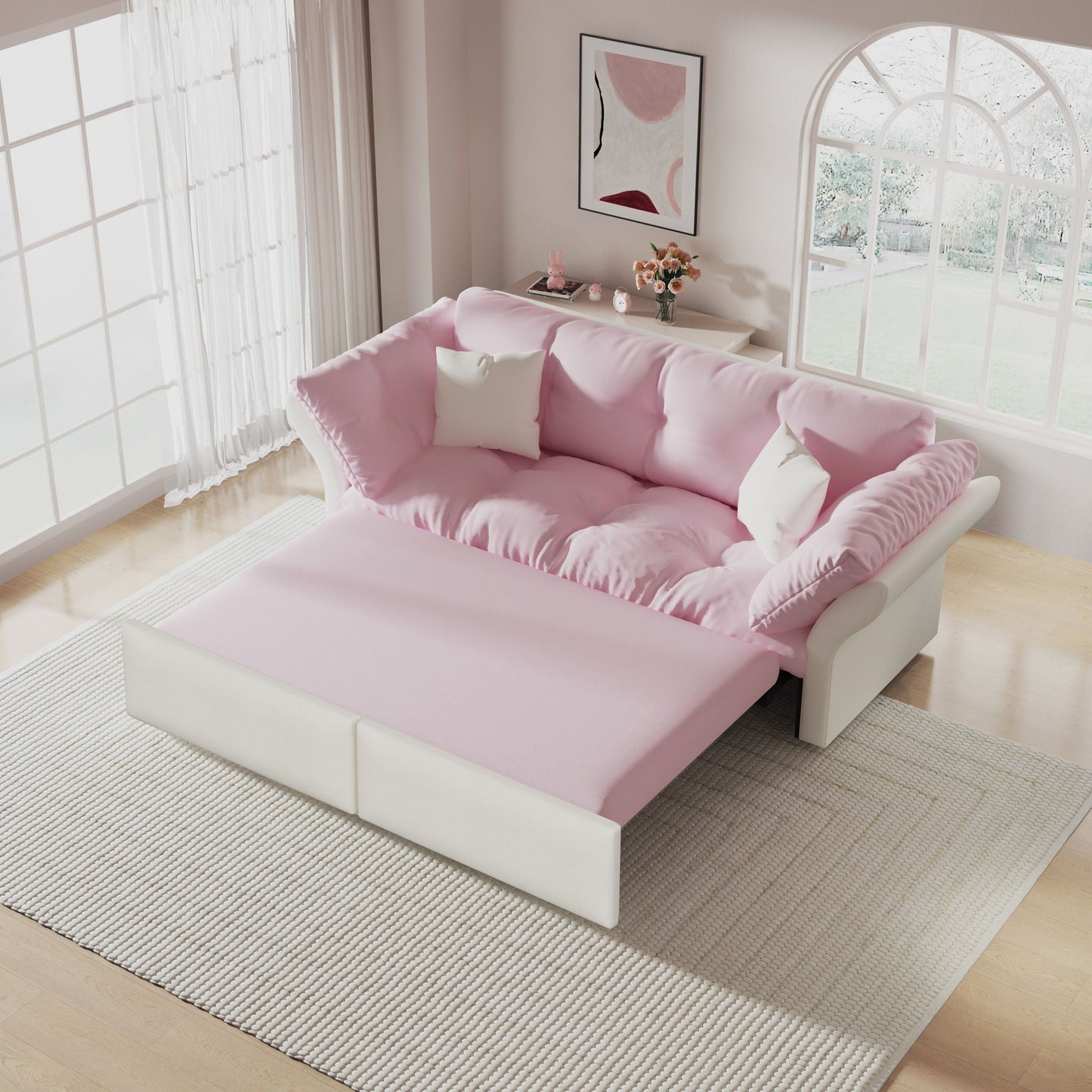 Queen Pull Out, 3 In 1 Convertible Sleeper Tufted Sofa & 2 Soft Pillows