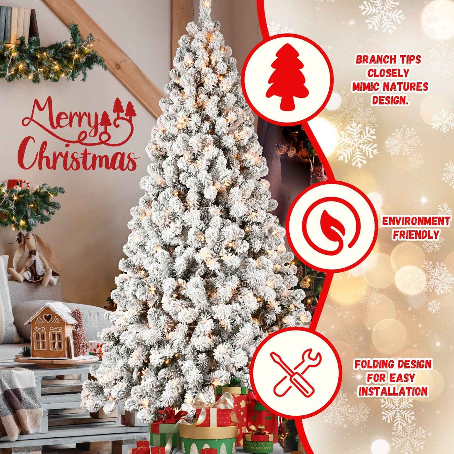 9-Foot Pre-Lit Snow-Flocked Christmas Tree