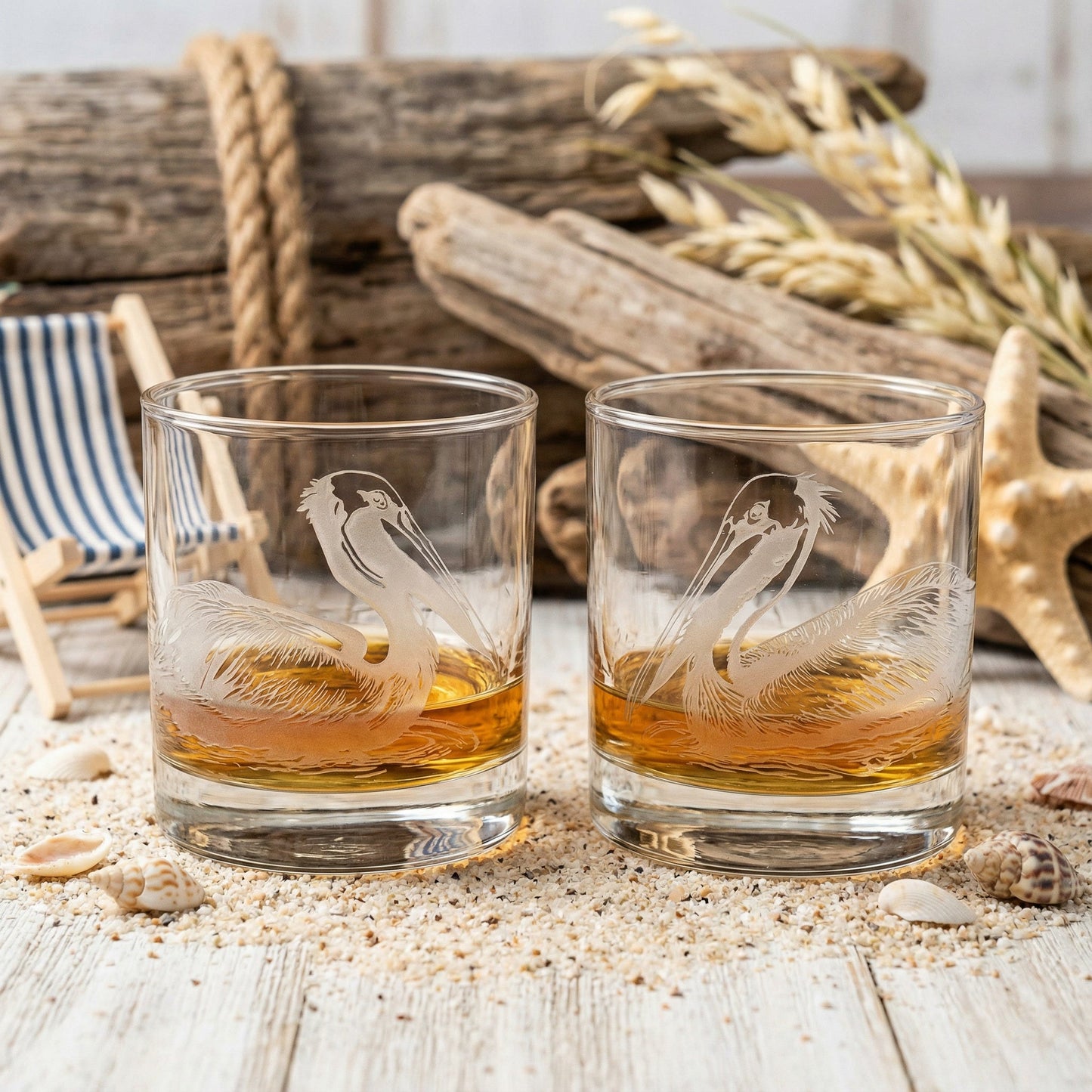 Pelicans Sand Carved Etched Whiskey Glasses Set of 2
