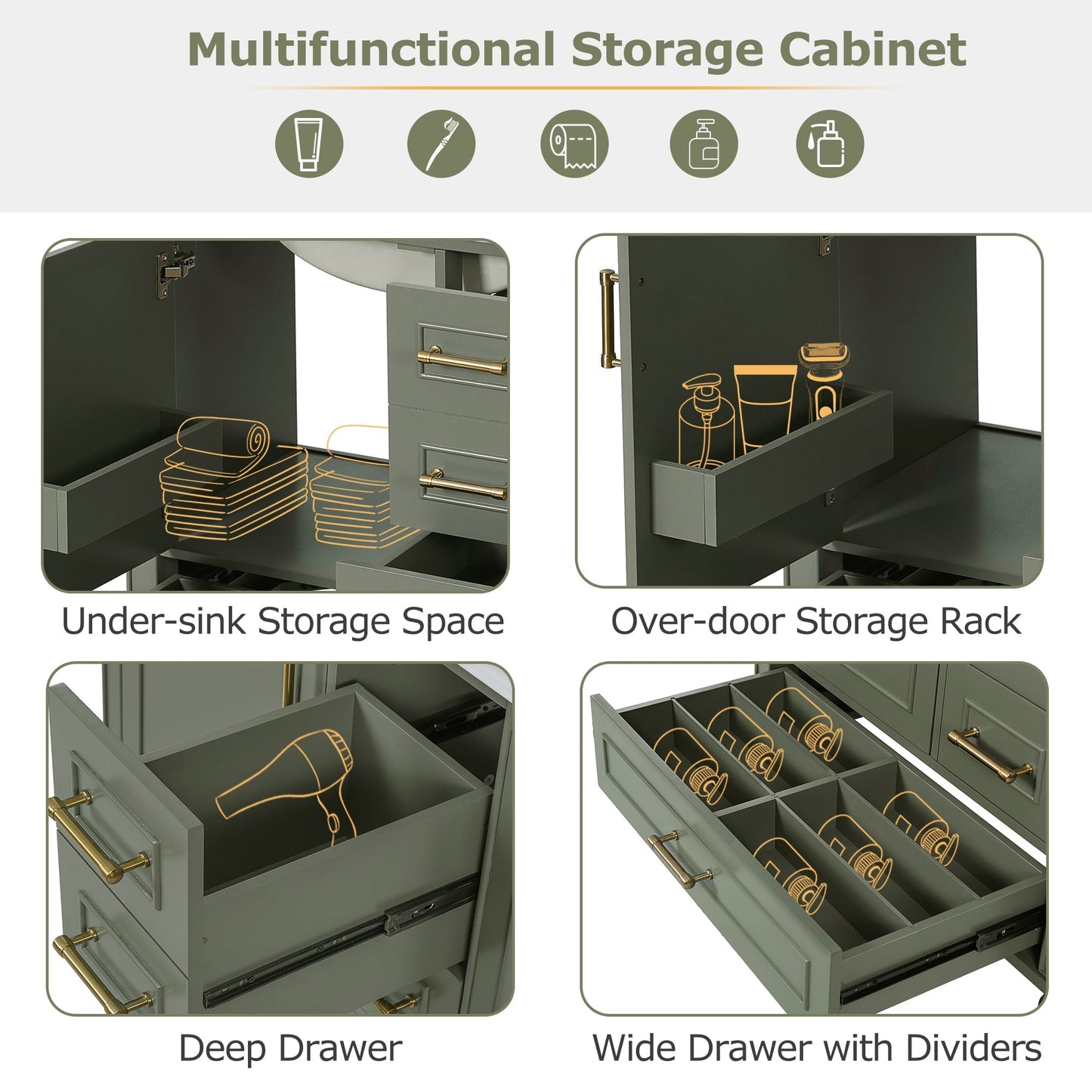Elegant Olive Green 30' Bathroom Vanity with Ceramic Sink and Ample Storage, Solid Wood and MDF Construction