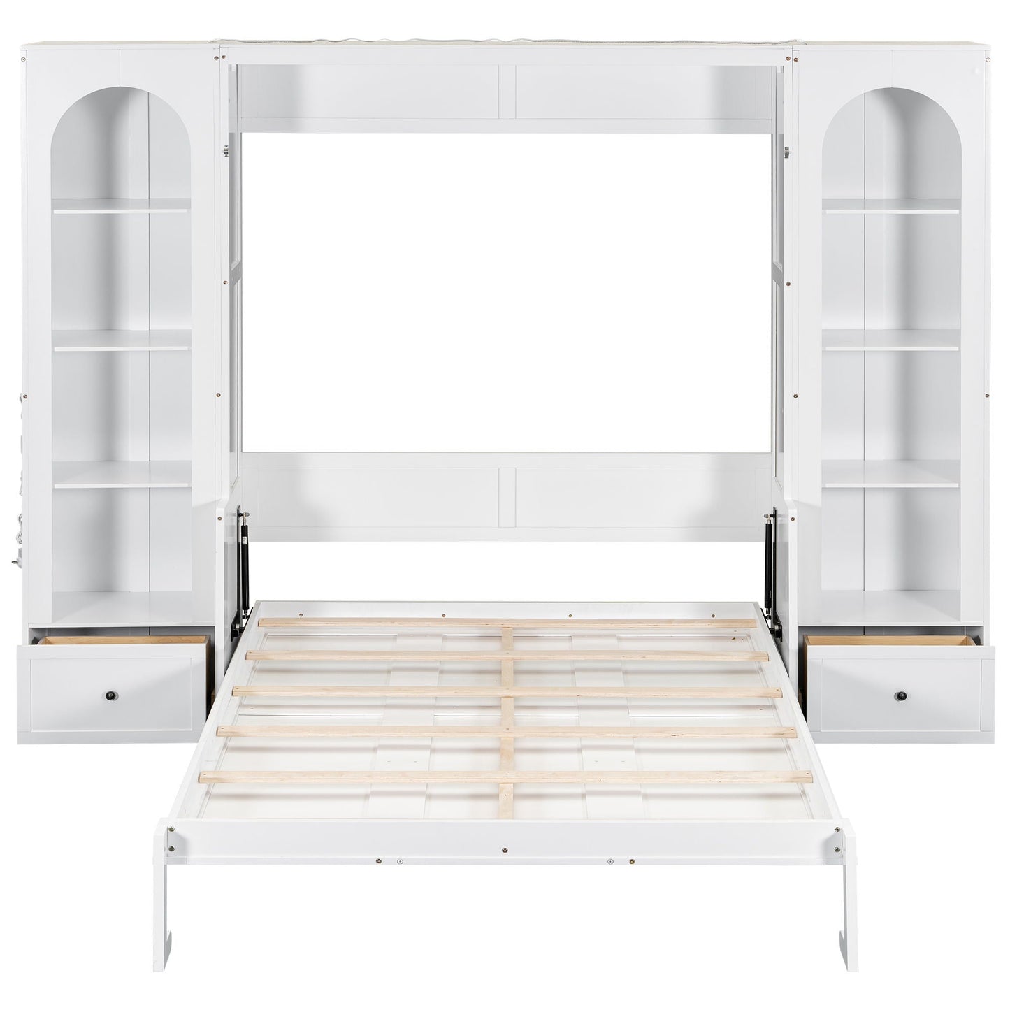 French Style Murphy Platform Bed With Shelf, Side Cabinets, Drawers And LED