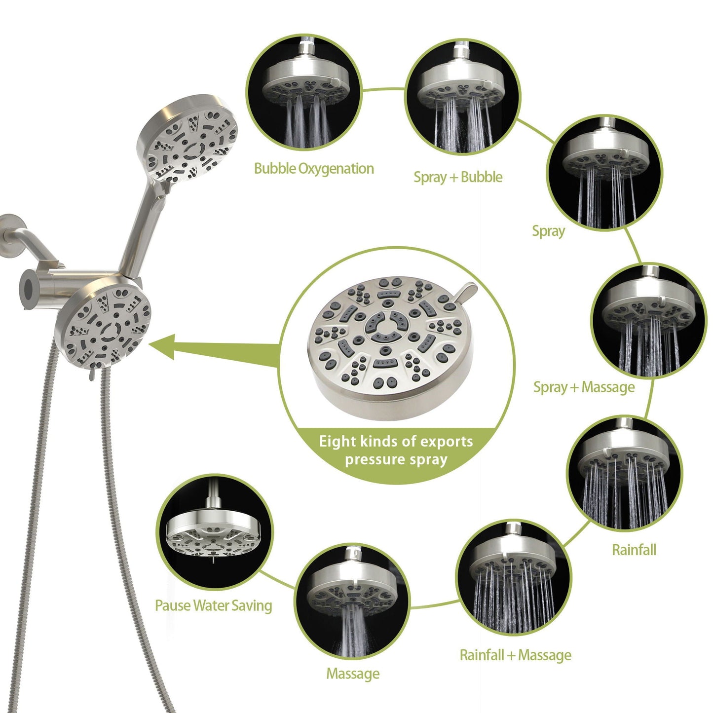 Multi Function Dual Shower Head 4.7" Rain Showerhead & 8 Function Hand Shower System - Brushed Nickel