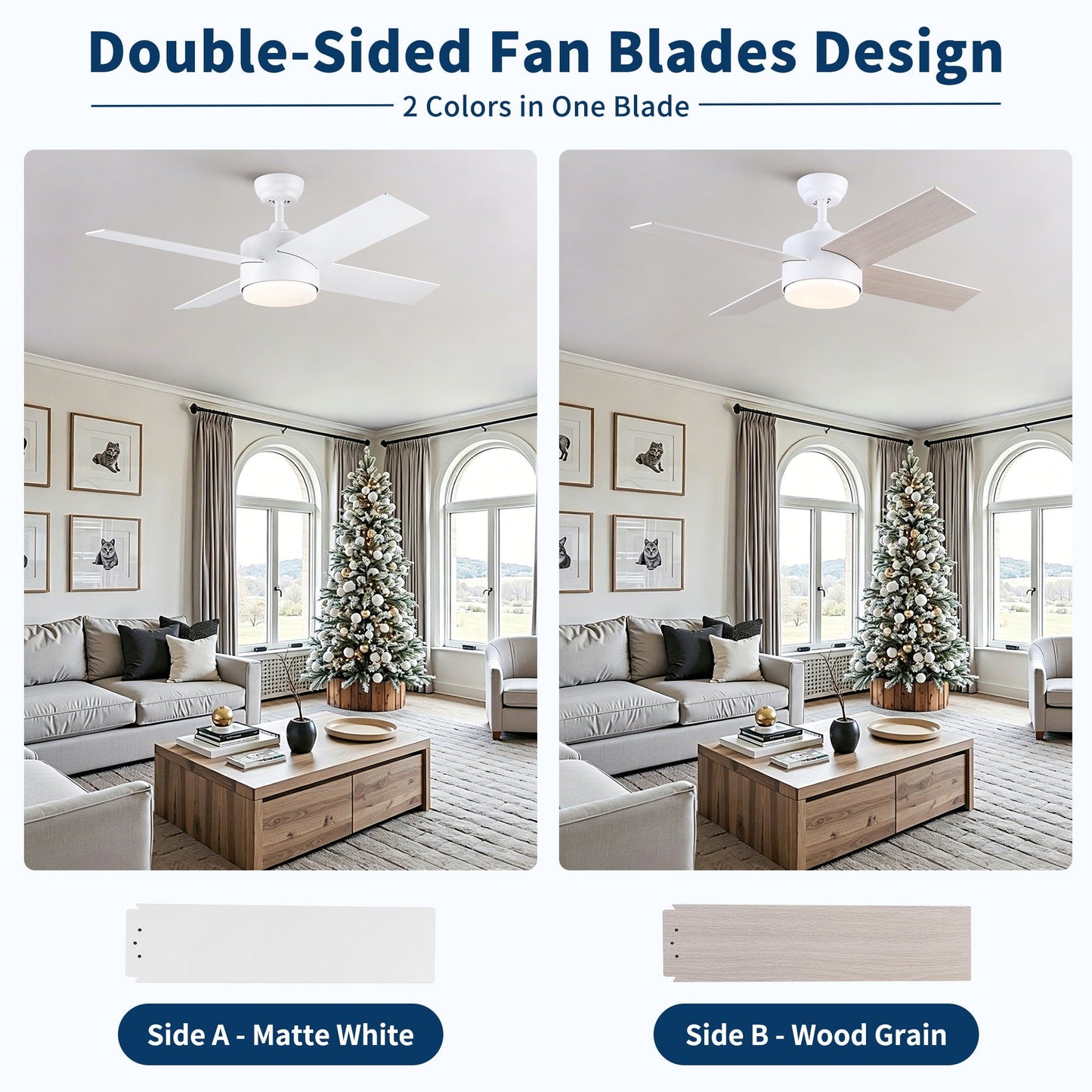 Ceiling Fan With Remote Control, Reversible DC Motor, 6 Speeds, 3 Dimmable LED, Quiet Timer For Indoor - White