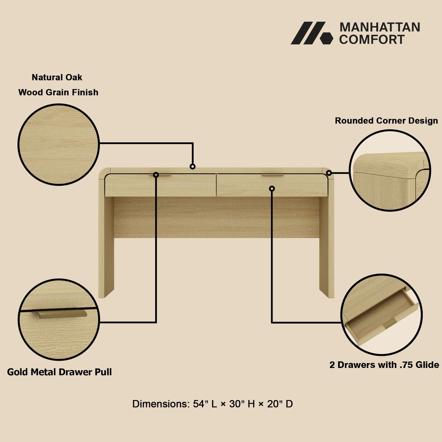 Grace - Office Desk With 2 Drawers - Oak