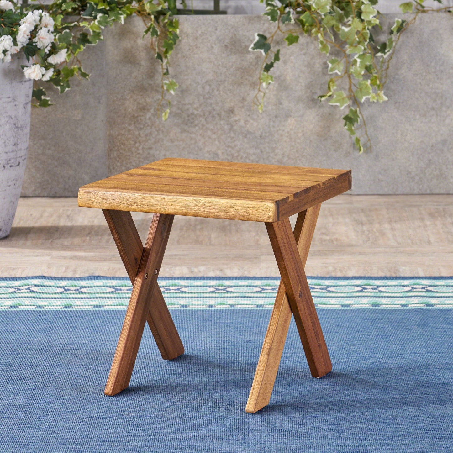 Passion Outdoor Side Table With Cross Base and Slatted Top - Teak