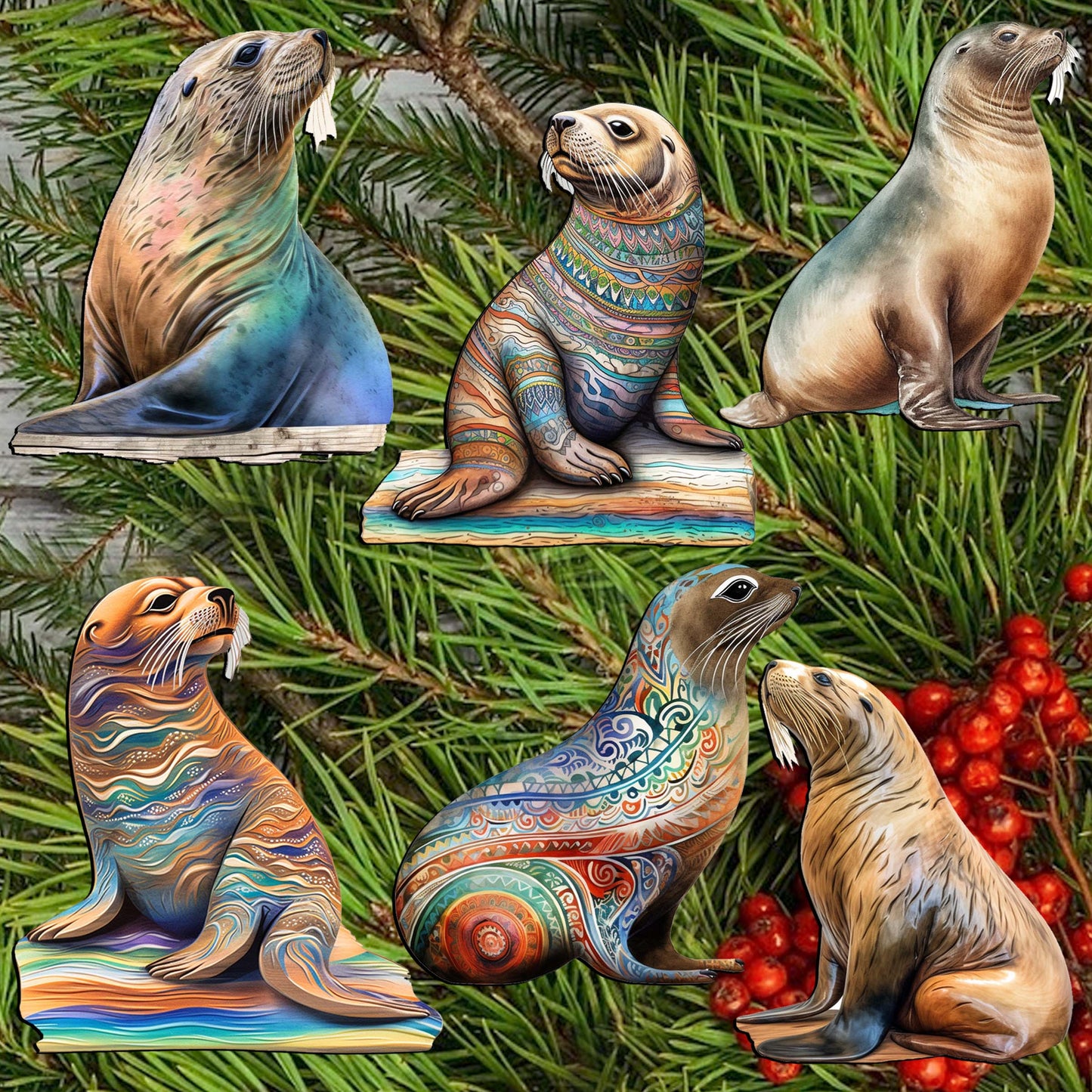 Magic Sea Lions Clip-On Eco Wood Decorative Ornaments Set of 6 by G. Debrekht - Wildlife Decor - 8090112C-S6