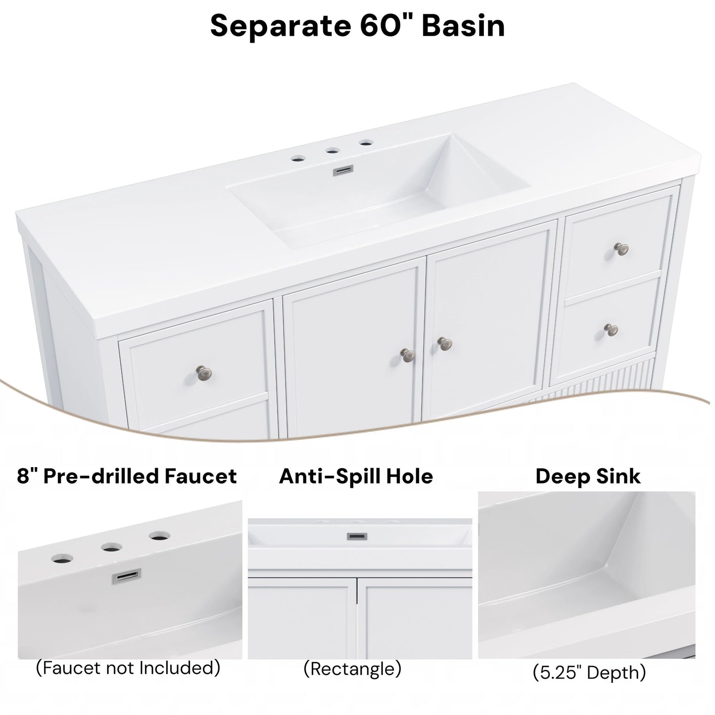 Bathroom Vanity With Separate Sink, Soft Close Doors And 4 Drawers