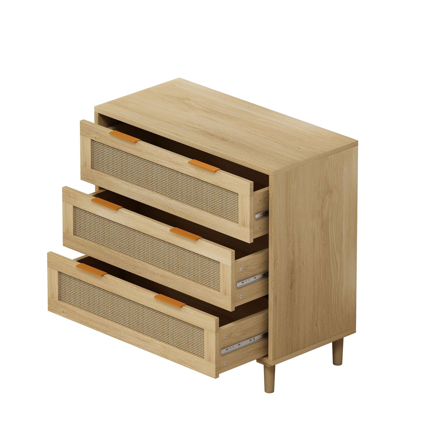 3 Drawer Storage Cabinet With Rattan Drawers For Bedroom, Living Room - Oak