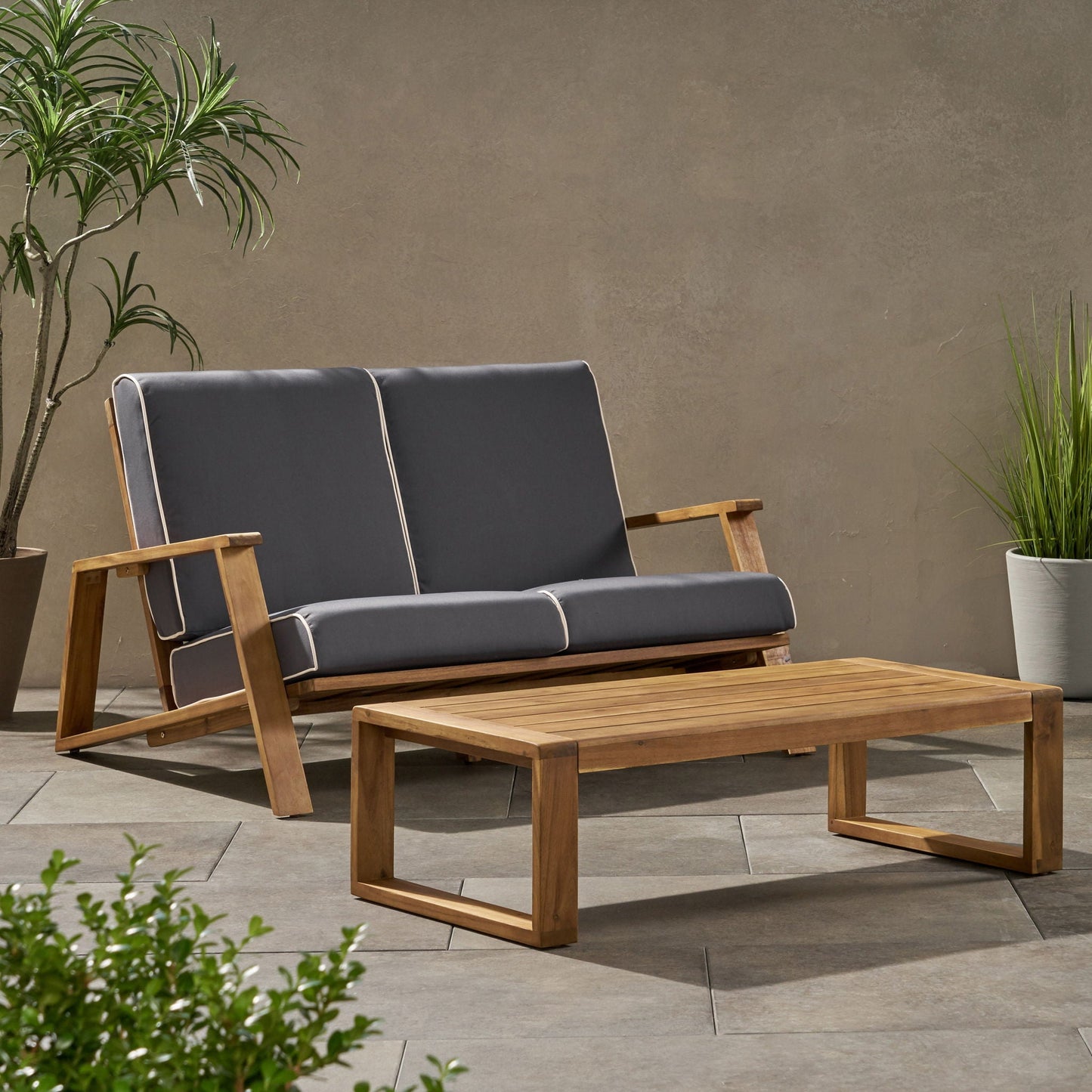 Paloma Contemporary Loveseat and Coffee Table Set with Weather Resistant Cushions