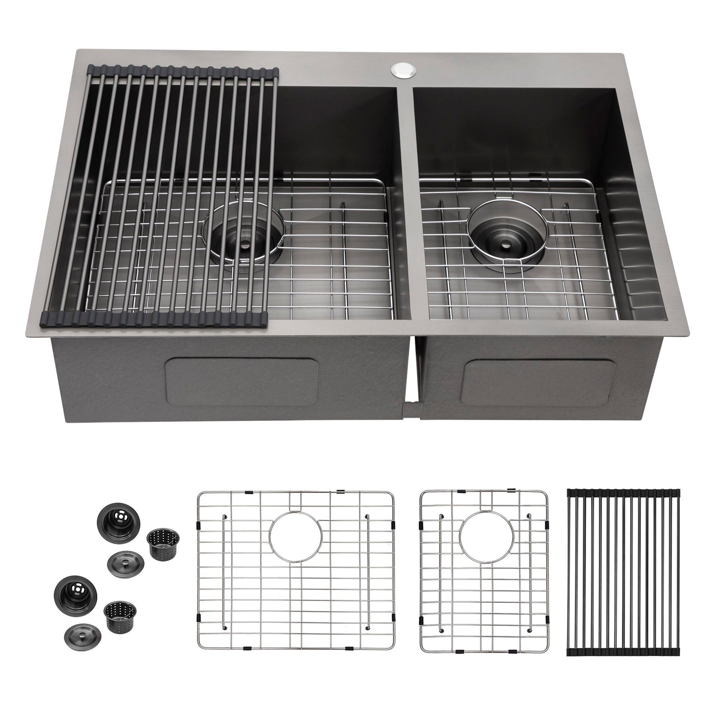 Double Bowl Drop-In Sink With 2 - 9" Deep Basins - Gunmetal Black