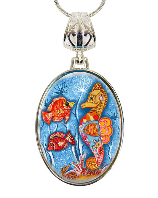 Seahorse Silver Plated Mother of Pearl Jewelry Pendant Necklace Coastal - 44045