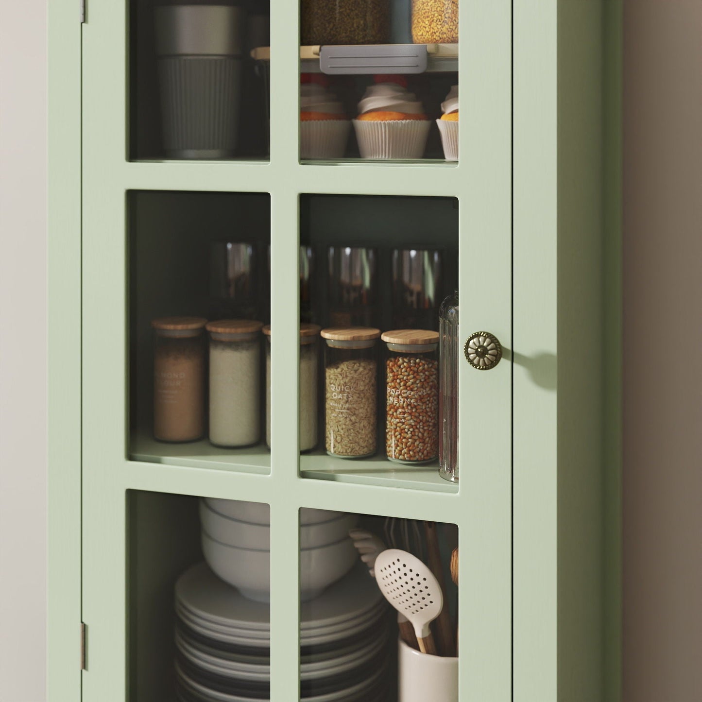 Minimalism Buffet Cabinet With Glass Doors And Double Drawer