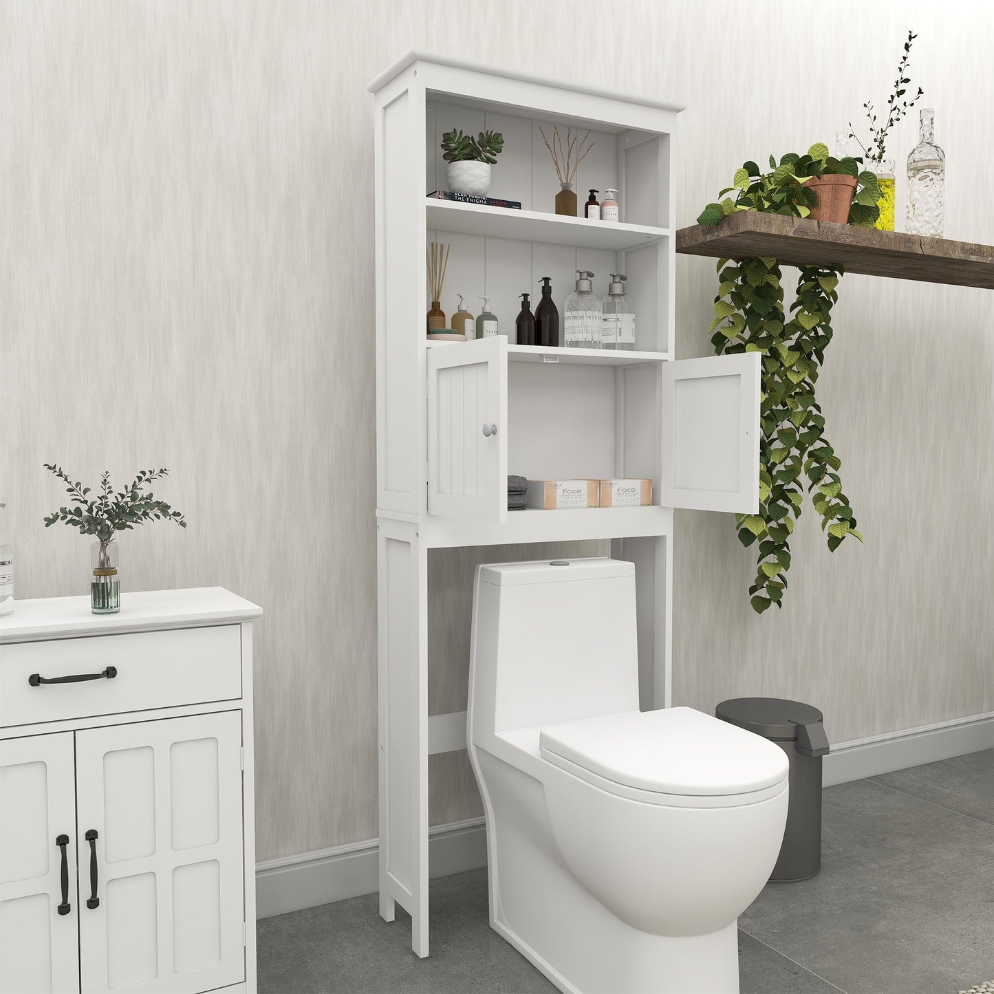 Over The Toilet Rack 2 -Tier Toilet Bathroom Spacesaver Storage Shelf with 2 Doors Wood Storage Organizer Cabinet