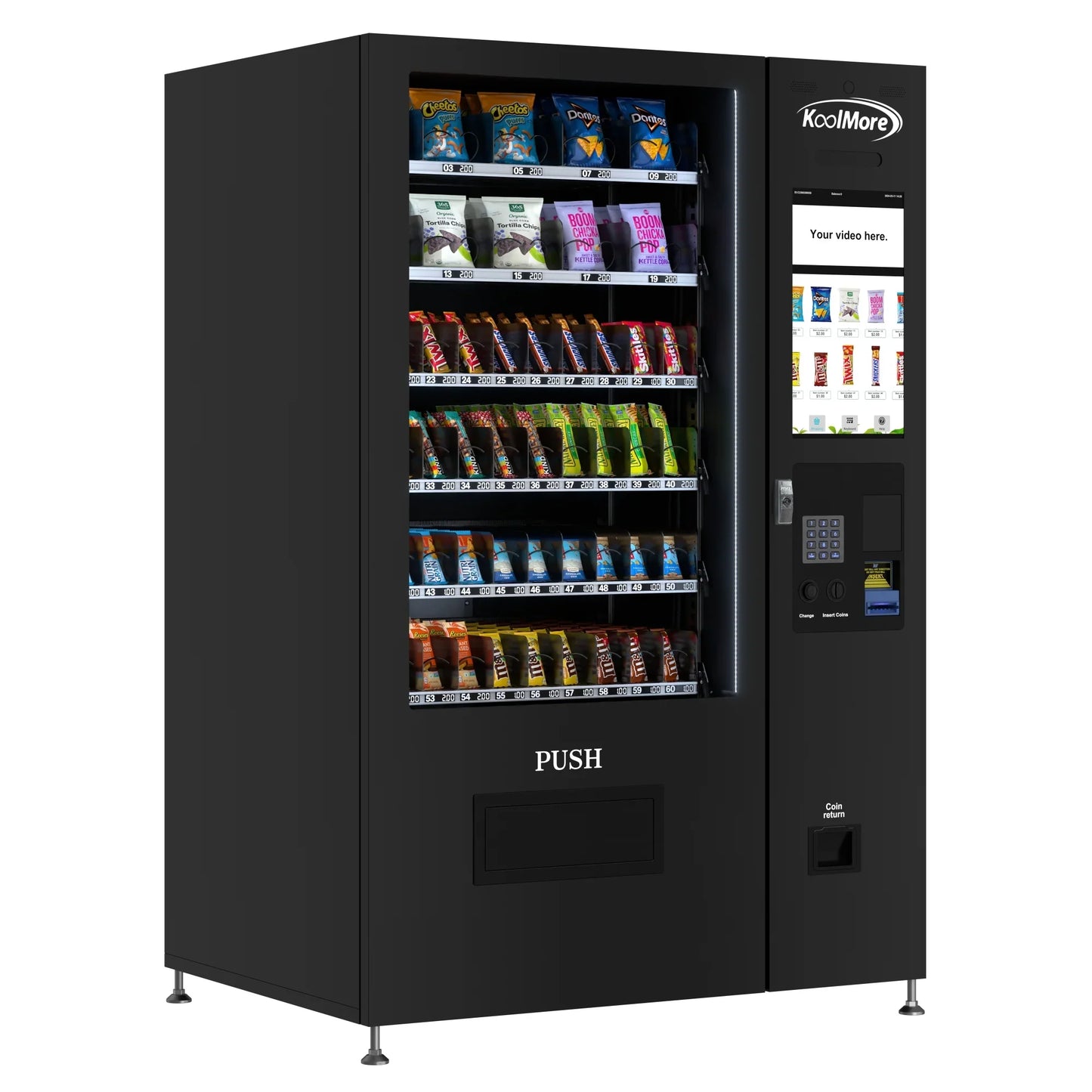 Kool More 50 in. 60-Slot Snack Vending Machine with 22-inch Touch Screen in Black, Non-Refrigerated.