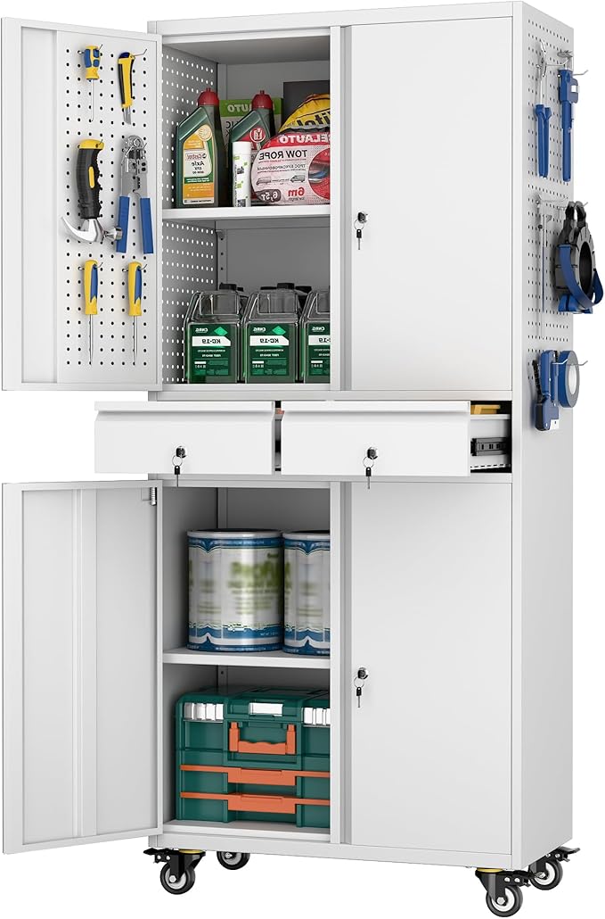 Metal Garage Storage Cabinet with Locking Doors and 2 Adjustable Shelves, Rolling Tool Storage Cabinet with 4 Wheels and 2 Drawer for Garage, Warehouse, White, Assembly Required