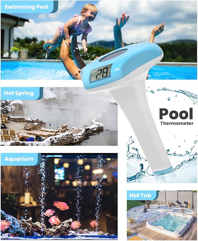 BALDR Pool Thermometer Floating Easy Read, IPX8 Waterproof, Solar Powered Digital Pool Thermometer with LCD Screen,Suitable for Swimming Pool/Hot Tub/Hot Spring/Aquarium (Blue)