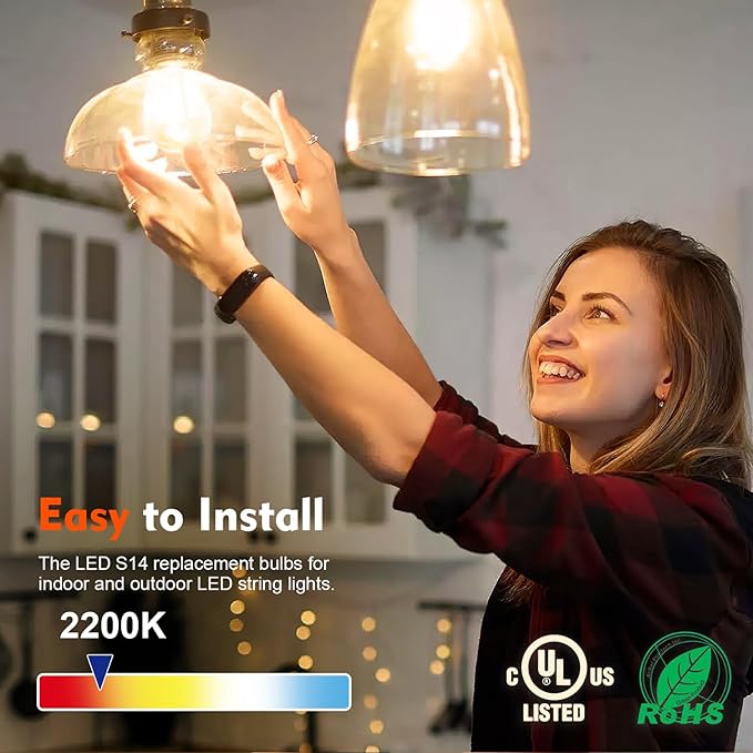 48 Pack Shatterproof LED Replacement Bulbs for Outdoor String Lights, S14 Edison Bulbs for Patio String Lights Outdoor Waterproof, Warm White 2200K, Dimmable, E26 Standard Base
