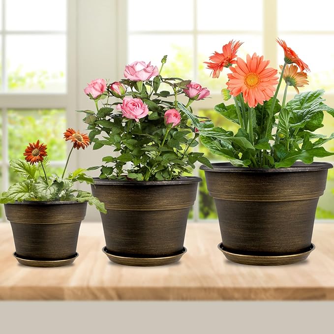 Plant Planters Pots Set of 4 Pack 8 Inch, Plastic Flower Pot for Indoor Plants with Drainage Holes & Trays, Resin Decorative Container Sets with Saucer for House Outdoor Garden Planters Dark Gold