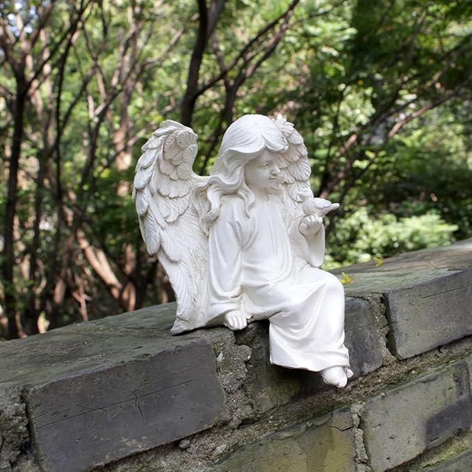 Angel Garden Statue, Sitting Angel Sculpture, Resin Angel with Bird Figurine for Patio Yard Porch Lawn Outdoor Decor Home Shelf Sitter Memorial Spiritual Gifts