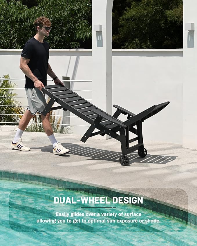Lounge Chair Outdoor Set of 2, HDPE Chaise Lounge Outdoor with 6-Position & Wheels &Cup Holder, Pool Lounge Chair for Pool Poolside Deck Backyard Patio, Black