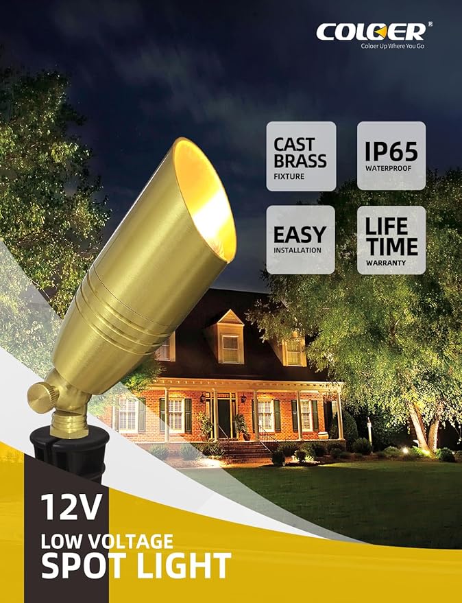 COLOER Die-cast Brass Landscape Spotlight 1-Pack with 5W Aluminum Housing LED MR16 Bulb,12V AC/DC Low Voltage Copper Outdoor Lighting, Directional Garden Patio Spot Up Light (102B Brass Finish)